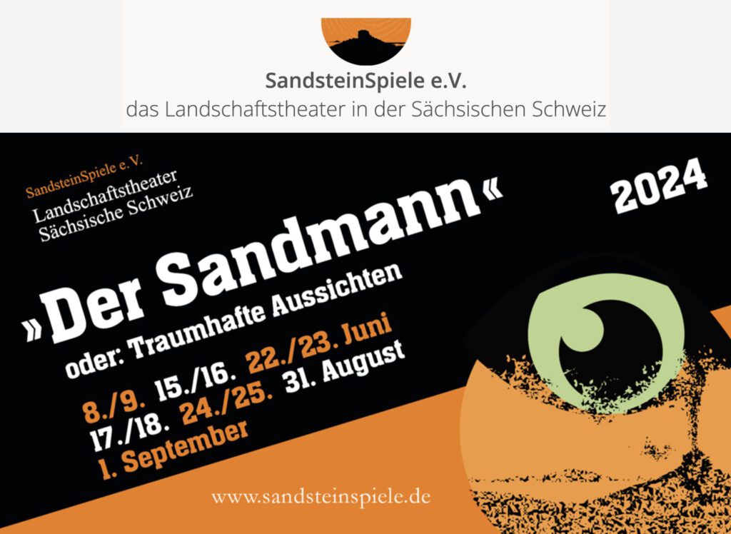 Plakat des Landschaftstheater SandsteinSpiele über das Programm „Der Sandmann“ oder: Traumhafte Aussichten