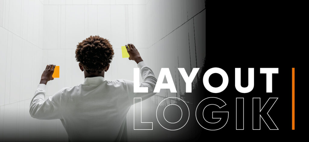 Layoutlogik - Ein Raum mit weißen Kacheln und einem Mann mit zwei Farbquadraten