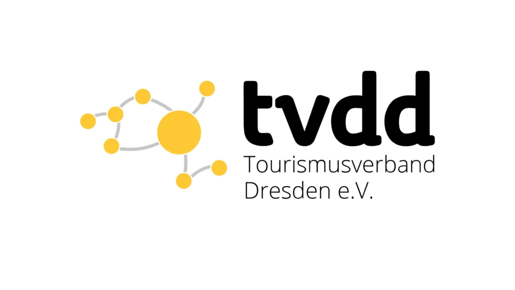 tvdd Logo mit gelber und hellgrauer Bildmarke mit Kreisen und Verbindungslinien und einer schwarzen Wortmarke "tvdd - Tourismusverband Dresden e.V."